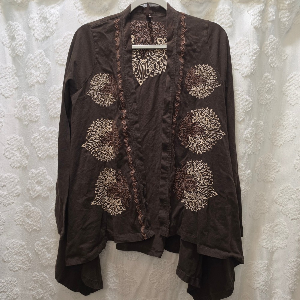 Stetson‎ Womens Brown Embroidered Open Front Cardigan Cotton Boho Small Western